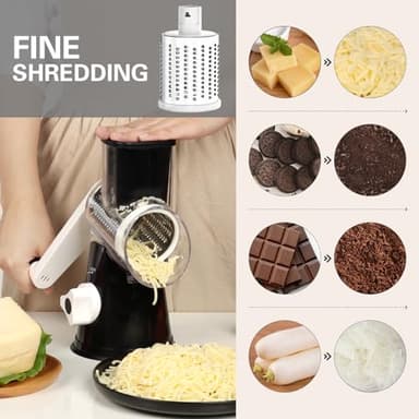 Cambom Rotary Cheese Grater Hand Crank Cheese Shredder for Fresh Cheese, Vegetable, Nuts,Non-slip Suction Base, Free Cleaning Brush Three Blades, Black - Image 6
