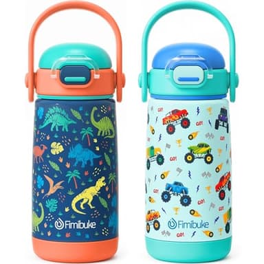 Fimibuke Kids Insulated Water Bottle with Straw Lid & Handle - 14oz BPA FREE 18/8 Stainless Steel Metal Tumbler Leak Proof Double Wall Vacuum Kids Cup Toddler Water Bottle for School Boys Girls - Image 1