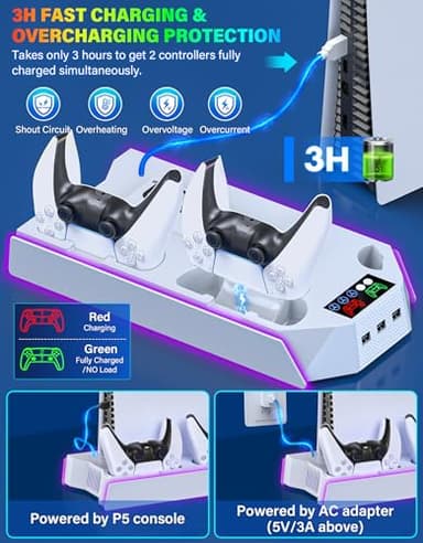 PS5/PS5-Slim-Cooling-Station-with-Controller-Charging-Station for Playstation 5 Console Disc/Digital, LED Light Cooling Stand with Cooler Fan for PS5 Accessories with 3 USB Hubs/Headset Holder - Image 4