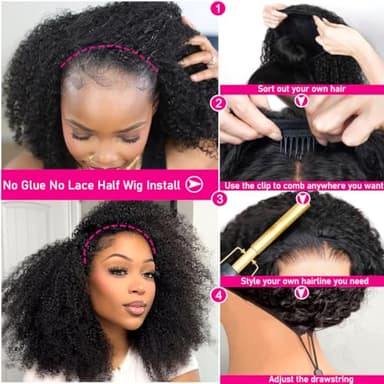 Kinky Curly Half Wig Human Hair 200 Density 3 In 1 Seamless Flip Over Half Wigs Human Hair Glueless Wear and Go Beginner Friendly Kinky Curly Wig Human Hair Drawstring Headband Wig for Women 20 Inch - Image 5