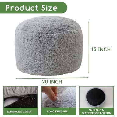 HIGOGOGO Round Stuffed Pouf Ottoman, Long Faux Fur Poufs with Foam Chunk Filling, Fluffy and Furry Pouf Foot Stool Storage Ottoman, 20 X 15 Floor Poufs Foot Rest for Living Room, Grey - Image 2