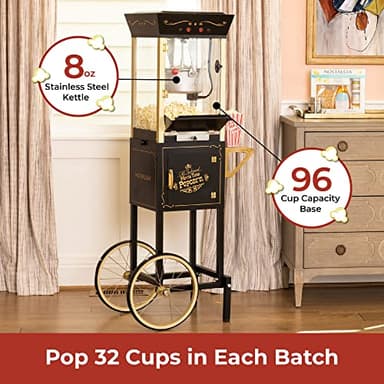Nostalgia Popcorn Maker Machine - Professional Cart With 8 Oz Kettle Makes Up to 32 Cups - Vintage Popcorn Machine Movie Theater Style - Black - Image 2