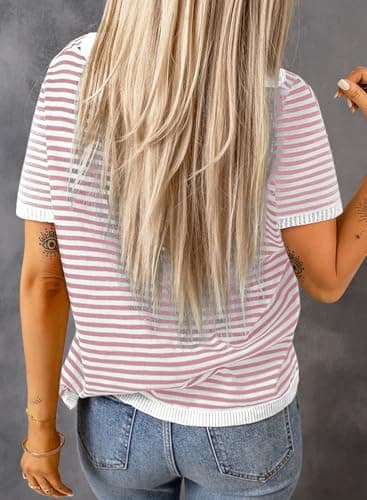 Dokotoo Womens Summer Tops Casual Short Sleeve Striped Shirt Ladies Crewneck Knit Tshirts Shirts for Women Loose Fit 2025 Trendy Sweaters Beach Vacation Clothes for Women Pink Medium - Image 4