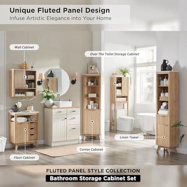 RedLemon Bathroom Wall Cabinet w/Fluted Sliding Door, Modern Medicine Cabinet w/Faux Marble Top & Adjustable Shelf, Curved Profile Wall Mounted Storage Organizer, Natural Oak Color - Image 3