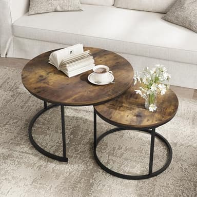 Smuxee Rustic Nesting Coffee Table Set of 2, 27.6" Round Coffee Table Wooden Marble Pattern with Adjustable Non-Slip Feet, Industrial End Table for Living Room Bedroom Balcony - Image 6
