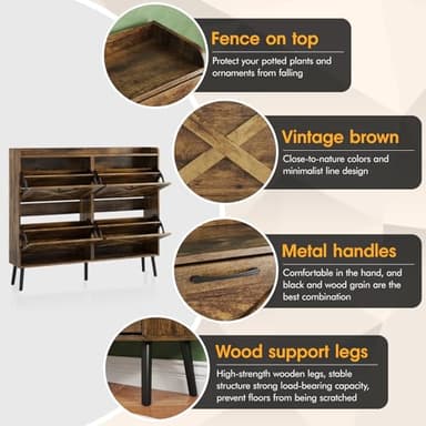 Maupvit Large Shoe Cabinet with 4 Flip Drawers, Freestanding Shoe Organizer with Metal Drawer Bracket for Entryway, Narrow Shoe Rack Cabinet, 5 Sturdy Legs, Rustic Brown - Image 4