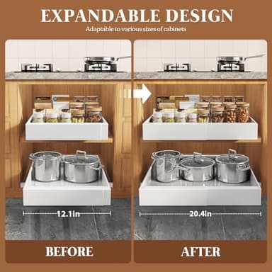 Seinloes 4 Pack Expandable Pull Out Cabinet Organizer 21"Deep With Raising Pad for Framed Cabinets,Upgrade 3 Slide Rails Slide Out Drawers,No Drill Roll Out Shelves,Adjustable Width 12.1"-20.4" White - Image 4