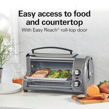 Hamilton Beach Easy Reach 4-Slice Countertop Toaster Oven With Roll-Top Door, 1200 Watts, Fits 9” Pizza, 3 Cooking Functions for Bake, Broil and Toast, Silver (31344DA) - Image 2