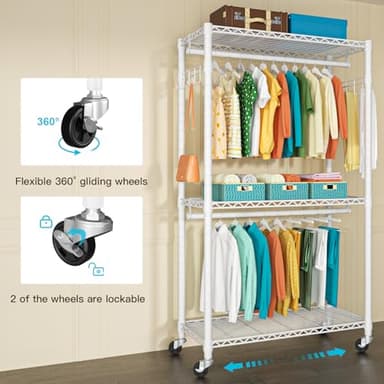 FUTASSI P1 Heavy Duty Garment Rack, 3 Tiers Adjustable Rolling Metal Closet Organizer with Lockable Wheels, FreeStanding Wardrobe with Double Hanger Rods & 1 Pair Hooks, Max Load 450 LBS, White - Image 5