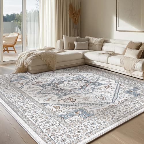 OPPODREAM Soft Neutral Area Rugs 5x7, 5x7 Washable Rug with Non Slip Backing, 5 x 7 Faux Cashmere Low-Pile Carpet, Cream White & Blue & Light Brown - Image 1