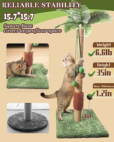 ANWA 35" Tall Cat Scratching Post for Kitten and Large Cats, Scratching Post for Indoor Cats with Self-Grooming Rubber Brush, Cat Sisal Post with Simulated Leaves - Image 3