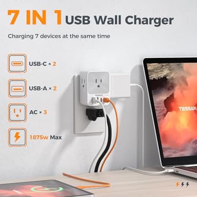 USB C Charger Block 20W PD, TESSAN 4 USB Wall Charger Fast Charging with 3 Outlet Extender Surge Protector, 3 Side Multi Port Adapter, Electric Multiple Outlet Plug for Home Office Dorm Room - Image 3