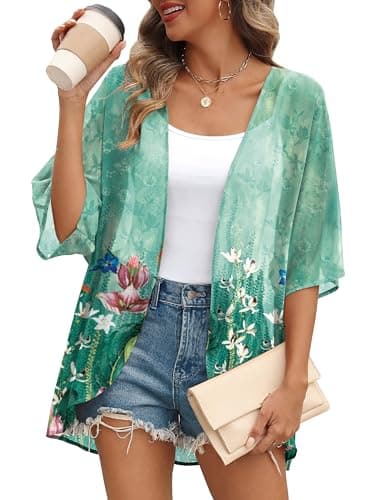 OFEEFAN Summer Tops for Women 3/4 Sleeve Plus Size Kimono Swimsuit Cover Ups Chiffon Blouses Pool Floral XXL - Image 2