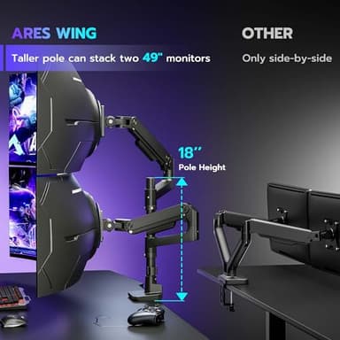 ARES WING Dual Monitor Arm Desk Mount for 17-49 Inch Ultrawide Monitors, Heavy Duty Dual Monitor Mount Holds 44 lbs, Full Motion Gas Spring Vertical Stacked Monitor Mount, 75/100 VESA Mount, Black - Image 3