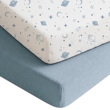 Konssy Muslin Crib Sheets for Boys, Soft Cotton Neutral Baby Sheets for Standard Crib Mattress 2 Pack, 52"x28" (Star,Blue) - Image 1