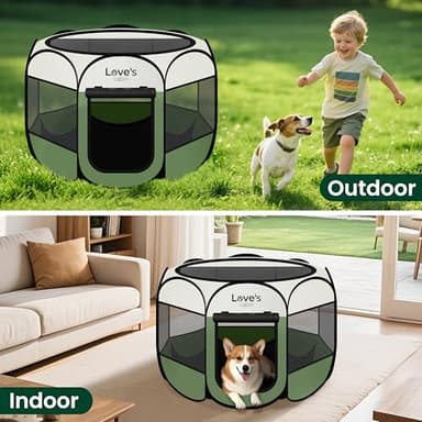 Love's cabin Pet Puppy Dog Playpen, Medium Dog Tent Crates Cage Indoor/Outdoor, Portable Playpen for Cat, Foldable Pop Up Dog Kennel Playpen with Carring Case, Removable Zipper Top, Olive Green - Image 6