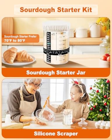 Sourdough Bread Baking Supplies Tools,10 Inch Oval & 9 Inch Round Banneton Bread Proofing Basket Set,Sourdough Starter Kit Gift for Bread Making (white with Starter Jar) - Image 2