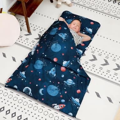 david's kids Toddler Nap Mat Set with Removable Pillow, Ultra Soft Slumber Bags for Boys,Perfect for Preschool, Daycare, Kids Sleeping Bags with Rollup Design, 50"x20", Space - Image 2