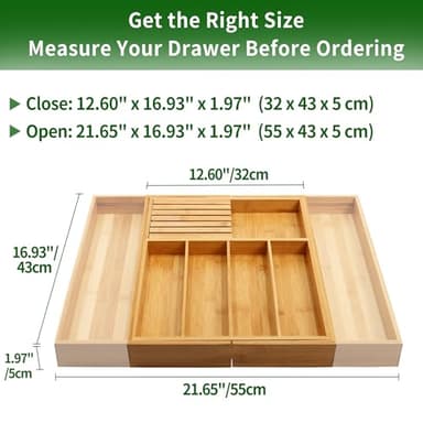 VaeFae Bamboo Silverware Drawer Organizer Kitchen, Expandable Utensil Organizer with Knife Block, Cutlery Tray with Divider, Multifunctional Wooden Drawer Organizer - Image 2