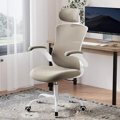 Ergonomic Office Chair with Adjustable Lumbar Support & Headrest, High Back Mesh Desk Chair with Flip-Up Armrests, Breathable & Comfortable Computer Chair for Home, Office & Study –Khaki - Image 8