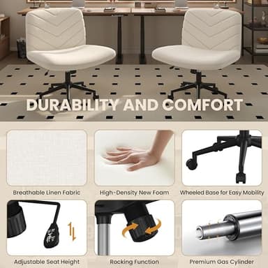 Yaheetech Wide Criss Cross Legged Office Desk Chair with No Wheels, Vanity Comfy Swivel Computer Chairs for Home Office Reading Makeup, Beige - Image 4