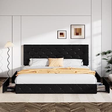Allewie King Size Black Metal Faux Leather Platform Bed Frame with 4 Drawers - Image 3