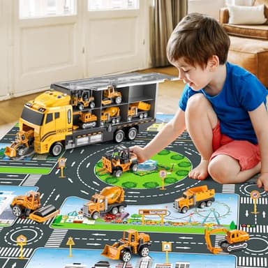 NIPLOOOW Toddler Boys Construction Truck Vehicle Toy Set with Play Mat and Die-Cast Toy Car, Transport Carrier Truck for Kids 3-5, Birthday Gifts Toys for 3-8 Year Old Boys - Image 7