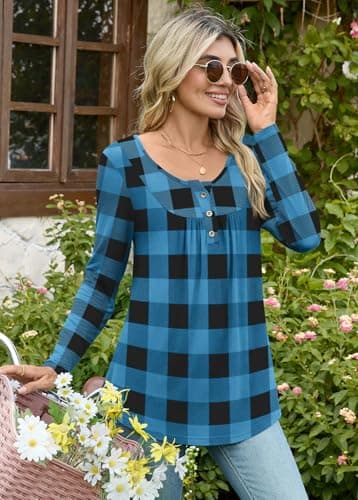 Bestbee Womens Pajama Set, 2 Piece Lounge Outfits Pleated Sleepwear Sets Long Sleeve Long Pants With Pockets Ladies Pjs, M, Blue Plaid - Image 5