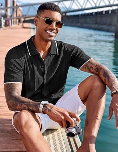 COOFANDY Men's Knit Shirts Short Sleeve Button Down Polo Shirt Fashion Casual Summer Beach Shirts - Image 7