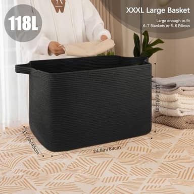 OIASKET 118L Extra Large Blanket Basket, 24.8"x17.7"x16.2" Woven Rope Baskets for Storage, Nursery Blanket Storage for Living Room, Toy Basket with Handle Organizing Comforter Cushions Pillows, Black - Image 2