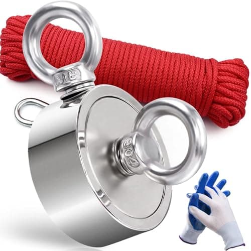 DIYMAG Strong Double Side Neodymium Fishing Magnets,750 lbs(340KG) Pulling Force Rare Earth Magnet with 20m (65 Foot) Durable Rope and Protective Gloves,for Retrieving in River and Magnetic Fish - Image 1