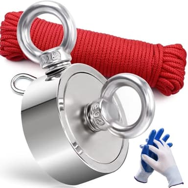 DIYMAG Strong Double Side Neodymium Fishing Magnets,750 lbs(340KG) Pulling Force Rare Earth Magnet with 20m (65 Foot) Durable Rope and Protective Gloves,for Retrieving in River and Magnetic Fish - Image 1