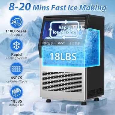 Commercial Ice Maker, 110LBS/24H Undercounter/Freestanding Ice Machine with Self-Priming Gallon Water& Facuet Water Inlet, Self-Cleaning, 3 Ice Thickness,18LB Storage Bin for Home, Office,Garage - Image 2