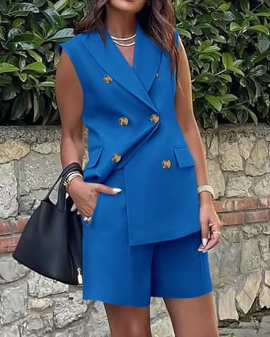 BTFBM Womens Blazer Vest Shorts Sets Lapel Neck Casual Sleeveless Button Down Office Summer 2 Piece Lounge Matching Sets(Solid Royal Blue, X-Large) - Image 4