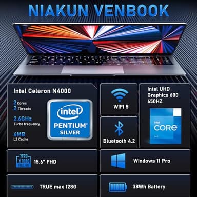 NIAKUN 15.6'' Laptop Computer, Laptops with 8GB RAM, 512GB SSD, N4000 Processor, 15.6 inch FHD 1920 * 1080 Display, WIFI5, BT4.2, Windows 11 Pro - Image 2