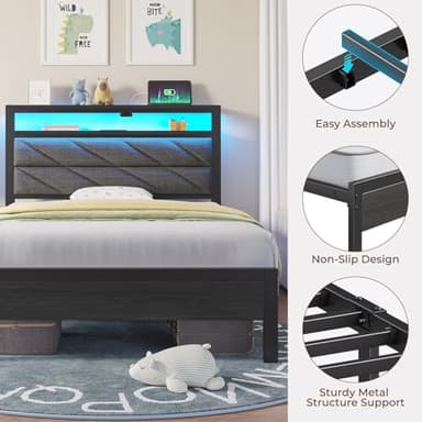 Seventable Bed Frame Twin Size with Charging Station, LED Bed with Upholstered Storage Headboard, Metal Platform Bed with Under Bed Storage, No Box Spring Needed, Noise Free, Easy Assembly, Grey - Image 6