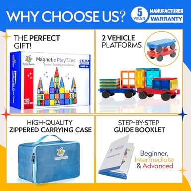 SUNNY AUNTIE Magnetic Tiles 125 PCS+ Bonus Zippered CASE, Kids Toy for 3 4 5 6 7 8 Year Old Boys & Girls, Magnetic Tiles Building Set, Great Gift for Kids Aged 3-8, XL Set - Image 2