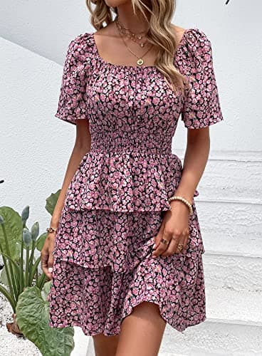 PRETTYGARDEN Women's 2025 Floral Summer Short Dress Square Neck Short Sleeve Tiered Ruffle Boho Swing Dresses (Black Pink Floral,Medium) - Image 7