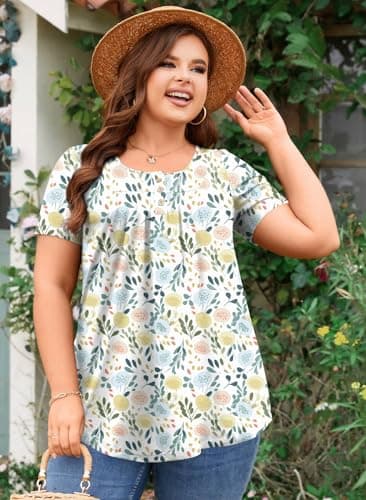 Aodemo Womens Summer Plus Size Tops 2025 Short Sleeve Shirts Henley Loose Fit Tunic Ladies Flowy Blouse 3XL, Macaron Flowers - Image 2