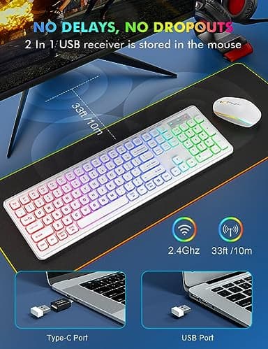 Wireless Keyboard and Mouse - RGB Backlit, Rechargeable & Light Up Letters, Full-Size, Ergonomic Tilt Angle, Sleep Mode, 2.4GHz Quiet Keyboard Mouse for Mac, Windows, Laptop, PC, Trueque(White) - Image 5