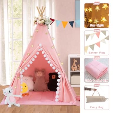WIRHAO Teepee Tent for Kids with Padded Mat Cotton Canvas Kids Tent with Pompom for Toddlers Indoor Play Tent for Girls Boys with Stars Lights, Carry Bag, Banner Flag (Pink) - Image 4