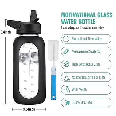 CIVAGO 32 oz Glass Water Bottle with Straw and Handle, Large Sports Motivational Water Bottle Flask with Time Marker and 2 Lids, Leakproof Water Jug Canteen with Silicone Sleeve for Gym, Sage - Image 2