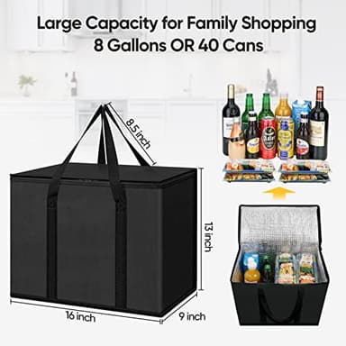 BALEINE 2Pk Insulated Reusable Grocery Bags, Collapsible Cooler Bag for Groceries, Heavy Duty Large Insulated Bag (16''x9''x13'', Charcoal Black) - Image 2