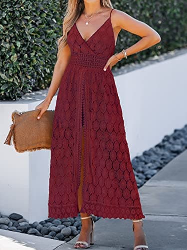 CUPSHE Womens Summer Slip Ruching Smocking Jumpsuit Dress V Neck Speghetti Straps Backless Maxi High Low One Piece Outfit, Small, Red - Image 2