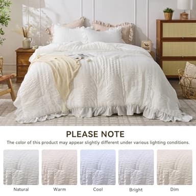 JOLLYVOGUE Queen Comforter Set, 3 Pieces White Seersucker Comforters Queen Size, Lightweight & Fluffy Bedding Sets Queen for All Season with 1 Ruffle Comforter and 2 Ruffle Pillowshams - Image 8