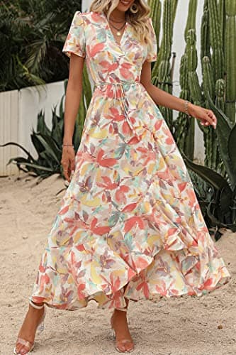 PRETTYGARDEN Women's Summer Wrap Maxi Dress Casual Boho Floral V Neck Short Sleeve Ruffle Hem Split Beach Long Dresses (White Floral,Large) - Image 2