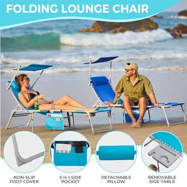#WEJOY 4 in 1 Tanning Chair with Face Hole & Canopy & Side Table, 5 Positions Adjustable Folding Waterproof Facedown Chaise Lounge with Pillow Quick Dry for Beach Pool Outdoor Camping Patio (Blue) - Image 7