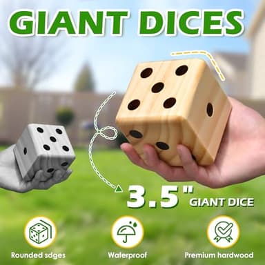 ropoda 3.5" Giant Wooden Yard Dice Set for Outdoor Fun, Barbeque, Party Events, Backyard Games, Lawn Games Includes 6 Dice, Collapsible Bucket, Score Cards & Dry Erase Marker - Image 6