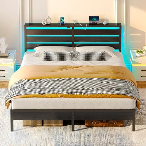Rolanstar Bed Frame King Size with USB Charging Station, LED Bed Frame with Wood Storage Headboard, Black Metal Platform Bed with Under Bed Storage, No Box Spring Needed, Noise Free - Image 1