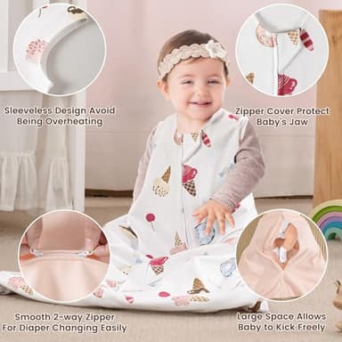 PHF Soft Baby Sleep Sack 12-18 Months 100% Organic Cotton Wearable Blanket, 2-Way Zipper 0.5 TOG Toddler Sleeping Sack 3 Pack, Comfy Sleep Bag for Baby Boys Girls, Ice Cream (Large) - Image 2